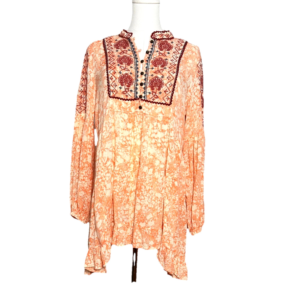 Anthropologie Claudia Embroidered Babydoll Tunic Floral Long Sleeve Medium Boho
